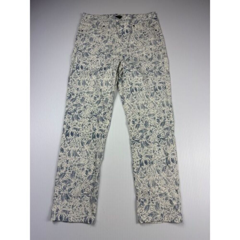 Mario Serrani White & Blue Floral Print Pants with Decorative Rivets S
